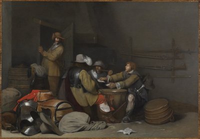 Őrszoba belső tér, dohányzó és kártyázó katonákkal alkotó: Gerard ter Borch