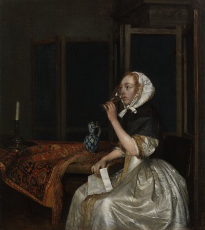 Fiatal nő egy pohár borral, kezében egy levéllel alkotó: Gerard ter Borch
