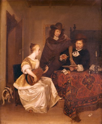 Egy fiatal nő Theorbót játszik két férfinak, 1667-68 alkotó: Gerard ter Borch