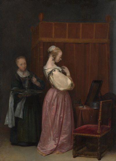 Egy fiatal nő a vécéjében szobalánnyal, 1650-51 körül alkotó: Gerard ter Borch