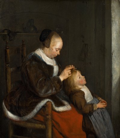 A gyermekeit fésülködő anya, Tetvek vadászata, 1652-1653 körül alkotó: Gerard ter Borch