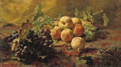 Kék szőlő és őszibarack fonott kosárban alkotó: Gerardina Jacoba van de Sande Bakhuyzen