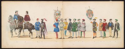 A leideni diákok maskara, 1855 (13. tábla) A Leidsche Hoogeschool 280. évfordulója alkalmából 1855. június 12-én, a Leidsche Hoogeschool fennállásának 280. évfordulója alkalmából rendezett jelmezes felvonulás, amely Karel V. bin belépését ábrázolja. alkotó: Gerardus Johannes Bos