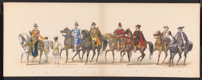 A leideni diákok maskara, 1875 (10. tábla) A Leidsche Hoogeschool 300. évfordulója alkalmából 1875. június 15-én a Leidsche Hoogeschool tagjai által tartott maskara, amely a Leidsche Hoogeschool-t ábrázolja. alkotó: Gerardus Johannes Bos