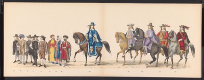A leideni diákok maskara, 1875 (15. tábla) A Leidsche Hoogeschool-t képviselő Leidsche Hoogeschool 300. évfordulója alkalmából 1875. június 15-én tartott maszkabál, amelyet a Leidsche Hoogeschool képvisel. alkotó: Gerardus Johannes Bos