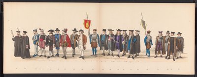 A leideni hallgatók maszkabálja, 1875 (8. tábla) A Leidsche Hoogeschool 300. évfordulója alkalmából 1875. június 15-én a Leidsche Hoogeschool tagjai által tartott maskara, amely a Leidsche Hoogeschool-t ábrázolja. alkotó: Gerardus Johannes Bos