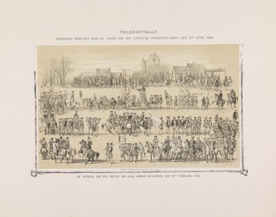 Nyilvános kiadás. A Leydsche Studenten-Corps tagjai által tartott maskara, 1860. június 11. Anjou herceg belépése Antwerpenbe, 1582. február 19. (cím a tárgyon) alkotó: Gerardus Johannes Bos
