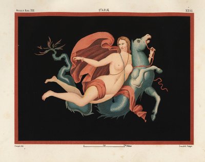 Egy Nereida (tengeri nimfa) köpenyben és karkötőben, aki tengeri szörnyen vagy hippokampuszon lovagol, félig ló, félig hal. Museo Naz. XXII, Stabiae. Rajzolta és kromolitografálta Victor Steeger, Emile Presuhn (1844-1878) Pompei legszebb festményei, alkotó: Geremia Discanno
