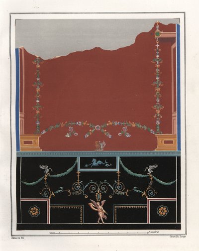 Falfestmény a Triptolemus-ház átriumából. VI, Ins. VII, No. 18. Victor Steeger kromolitográfiája Geremia Discanno illusztrációja után Emile Presuhntól (1844-1878) Pompei legszebb festményei, Lipcse alkotó: Geremia Discanno