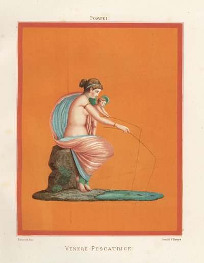 Mural of Venus and cupid fishing with rods from a pond. Found in Regio V.V.3, the House of the Gladiators. Chromolithograph by Victor Steeger after an illustration by Geremia Discanno from Emile Presuhn (1844-1878) The Most Beautiful Paintings of Pompeii,  alkotó: Geremia Discanno