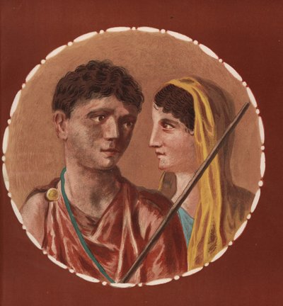 Férfi és nő portréja egy azonosítatlan házból Pompejiben. Victor Steeger kromolitográfiája Geremia Discanno illusztrációja után, Emile Presuhn (1844-1878) Pompei legszebb festményei, Lipcse alkotó: Geremia Discanno