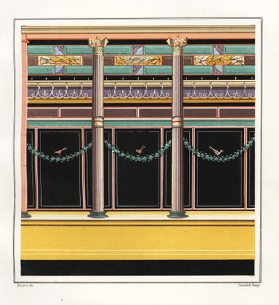 Wall painting from a room in the House of the Epigrams. V, Ins. 1, No. 18. Chromolithograph by Victor Steeger after an illustration by Geremia Discanno from Emile Presuhn (1844-1878) The Most Beautiful Paintings of Pompeii, Leipzig alkotó: Geremia Discanno