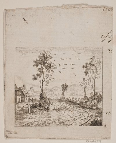 Táj ház mellett, fával és repülő madarakkal alkotó: Gerhard Ludvig Lahde