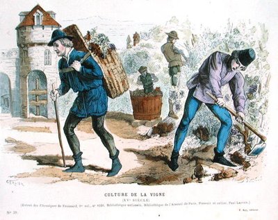 Szőlészet a tizenötödik században, Froissard „Chroniques”-ja nyomán, a „Costumes de Paris a Travers les Siecles”-ből, szerk. Roy, megjelent 1887 (színes metszet) alkotó: Gerlier (after)