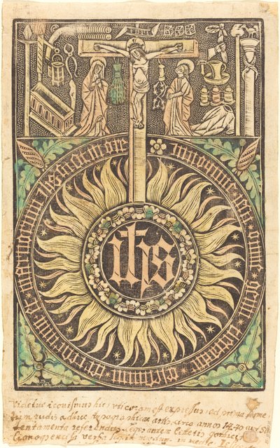 A szent monográfia a keresztre feszítéssel és a szenvedélyszimbólumokkal [recto] alkotó: German 15th Century