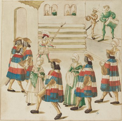 Piros, fehér és kék ruhás férfiak táncolnak partnereikkel alkotó: German 16th Century