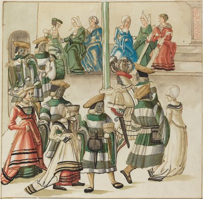 Három táncoló pár két lovag vezetésével a szobában oszloppal alkotó: German 16th Century