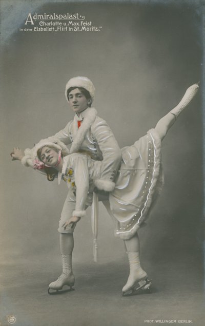 Képeslap korcsolyázókról, 1913-ban küldték (kézzel színezett fénykép) alkotó: German Photographer
