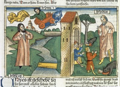2 Királyok 2 1-24 Illés forgószélben felmegy a mennybe, és az Elizeust gúnyoló fiúkat megeszik a medvék, a nürnbergi Bibliából (Biblia Sacra Germanaica) (színes fametszet) alkotó: German School