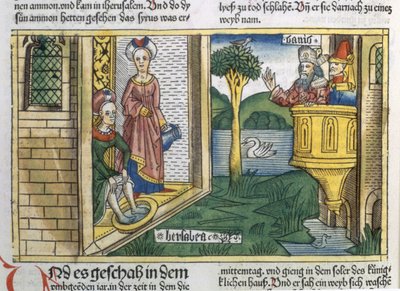2Sámuel 11 1-5 Dávid látja Batsabét fürdőzni, a nürnbergi Bibliából (Biblia Sacra Germanaica) (színes fametszet) alkotó: German School