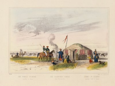 Egy kalmük (nyugat-mongol) család lovakat pásztorkodó, képes adatlap Joseph Scholz kiadásában, Mainz, 1860 körül alkotó: German School