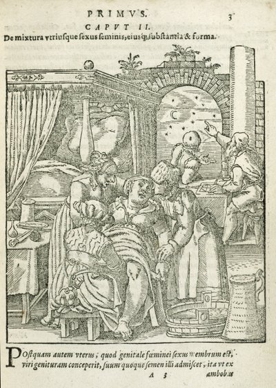 Egy vajúdó nő, illusztráció a 2. fejezetből, Rueff: A férfi fogantatásáról és növekedéséről, 1587. alkotó: German School