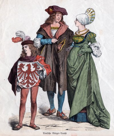 Burzsoá család. XVI. századi német viseletek a "Munchener Bilderbogen"-ből, Németország, 1880 körül (metszet) alkotó: German School