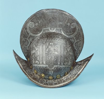 Fésűs morion, kerubfejekkel, szfinxekkel és szárnyas lovakkal, középen egy pszeudo-klasszikus harcos korabeli páncélban, karddal és pajzzsal alkotó: German School
