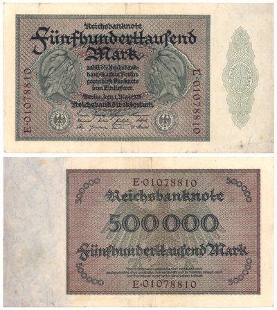 Egy ötszázezres márkás bankjegy, 1923 (recto and verso) alkotó: German School