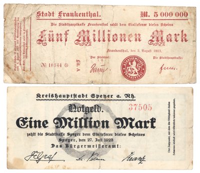 Egy ötmillió és egymillió márkás bankjegy, 1923 alkotó: German School