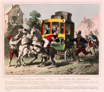 Autópályások megtámadnak egy nászutas házaspárt Olaszországban, a Gangel & P. Didion által kiadott képes lap, Metz, 1850 körül alkotó: German School
