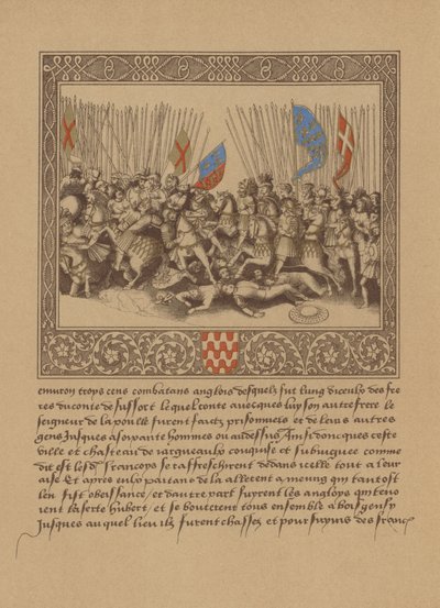 Egy oldal egy 16. századi francia kéziratból, amely a Froissarts Chronicles egyik jelenetét ábrázolja alkotó: German School