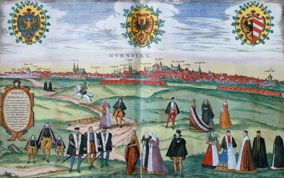 Nürnbergi panoráma, előtérben helyi öltözetű alakokkal, 1575 körül alkotó: German School
