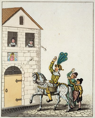 Egy körtánc a város főterén, a régi nürnbergi vámosok és a Jester on a Piebald ló, tojásokat dobáló könyvből, a régi nürnbergi szokások és gyakorlatok a játékokban és a dalokban, újra kiadva 1831-ben (színes alkotó: German School