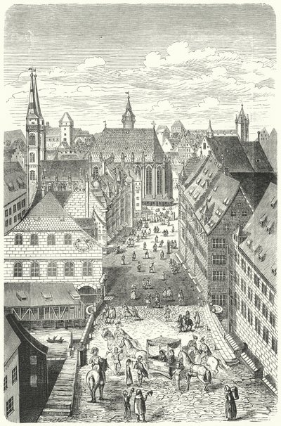 Egy utca Nürnbergben a 15. században (metszet) alkotó: German School