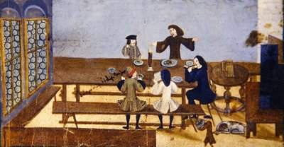 Egy kocsmabelső jelenet italozó alakokkal, 1690 körül (gouache papíron) alkotó: German School