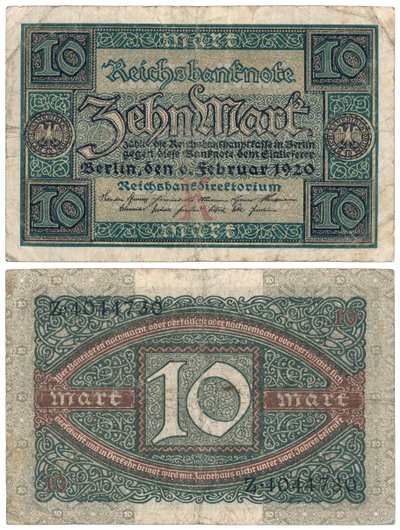 Egy tízmárkás bankjegy, 1920 (recto and verso) alkotó: German School