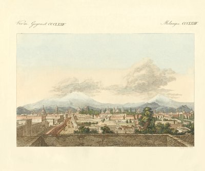 Kilátás Mexikóra és a város távolabbi környezetére (színes metszet) alkotó: German School