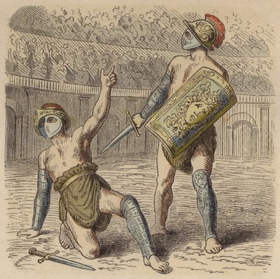 Egy sebesült római gladiátor, aki életéért könyörög a tömegnek (színes metszet) alkotó: German School
