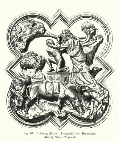 Ábrahám feláldozza fiát, Izsákot áldozatul, Filippo Brunelleschi bronz domborműve (metszet) alkotó: German School