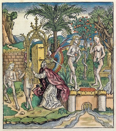Ádám és Éva száműzetése az Édenből, megjelent a Nürnbergi Krónikában, 1493 alkotó: German School