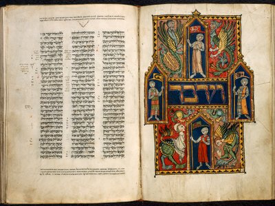 Hozzáadás. 15282 fol.179v-180 A Számok könyvének első szava díszítve, a „Sussex-i német pentateuchtól”, 1300 körül (vellum) alkotó: German School