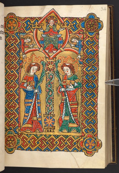 Hozzáadás. 60629, f.34 Krisztus és az angyalok megkoronázzák a két szerzetesi szentet (vellum) alkotó: German School