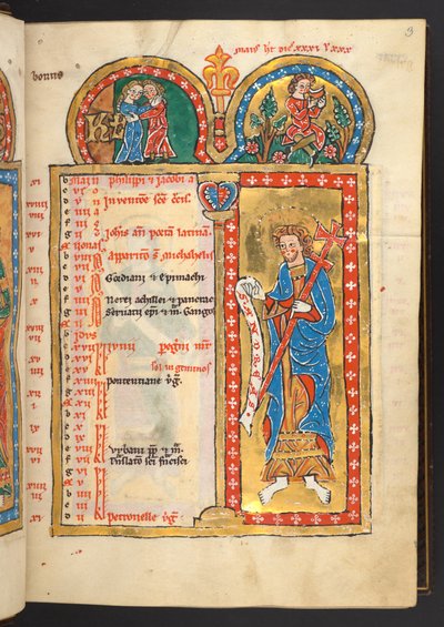Hozzáadás. 60629, f.3 Május, 12-től Arany és színes naptároldalak, építészeti keretekkel, amelyek mindegyike az állatöv jelét, egy apostolát és a hónap munkáját (vellum) tartalmazza alkotó: German School