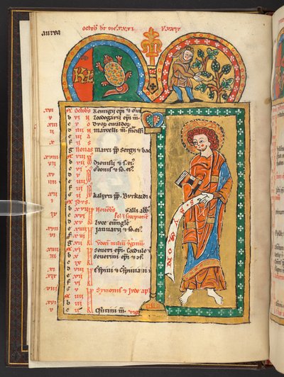 Hozzáadás. 60629, f.5v Október. 12 arany és színes naptároldal, építészeti keretekkel, amelyek mindegyike az állatöv jelét, egy apostolát és a hónap munkáját tartalmazza.  Zsoltároskönyv. Megvilágított zsoltár naptárral, énekekkel és litániákkal apáca hasz alkotó: German School