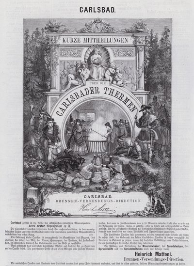 Mattoni ásványvíz és egyéb termékek reklámozása a csehországi Carlsbadban (Karlovy Vary), Csehországban (metszet) alkotó: German School