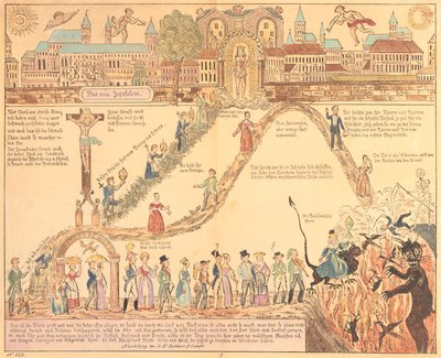 A keresztény és a földi élet allegorikus ábrázolása, kiadó: G.N. Benner, Nürnberg, 1830 körül alkotó: German School