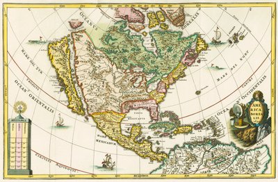 America borealis. Észak-Amerika térképe, amelyen Kalifornia szigetként szerepel, Heinrich Scherer Geographia hierarchica című művéből. alkotó: German School