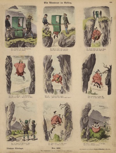Kaland a hegyekben (színes metszet) alkotó: German School