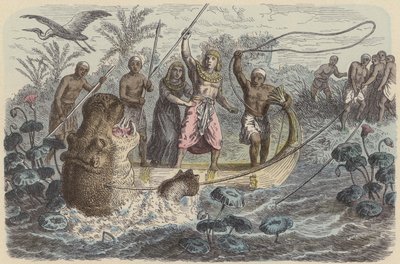 Ókori egyiptomi fáraó víziló vadászaton (színes metszet) alkotó: German School